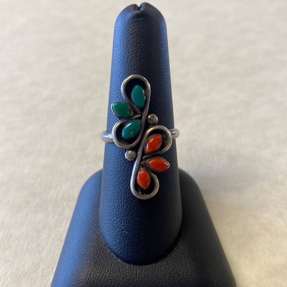 Navajo made sterling silver turquoise & coral bypass Stye ring size 7.5